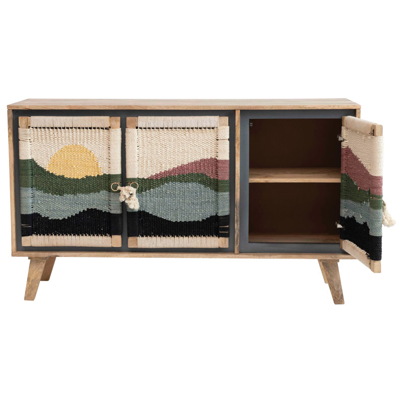 Console en bois de manguier avec 2 tablettes, 3 panneaux de porte en corde tissée et glands