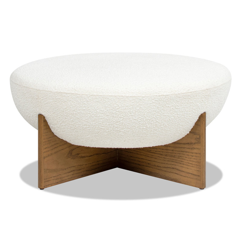 Joanel 37" Round Upholstered Cocktail Ottoman With Natural Wood Base, Ivory White