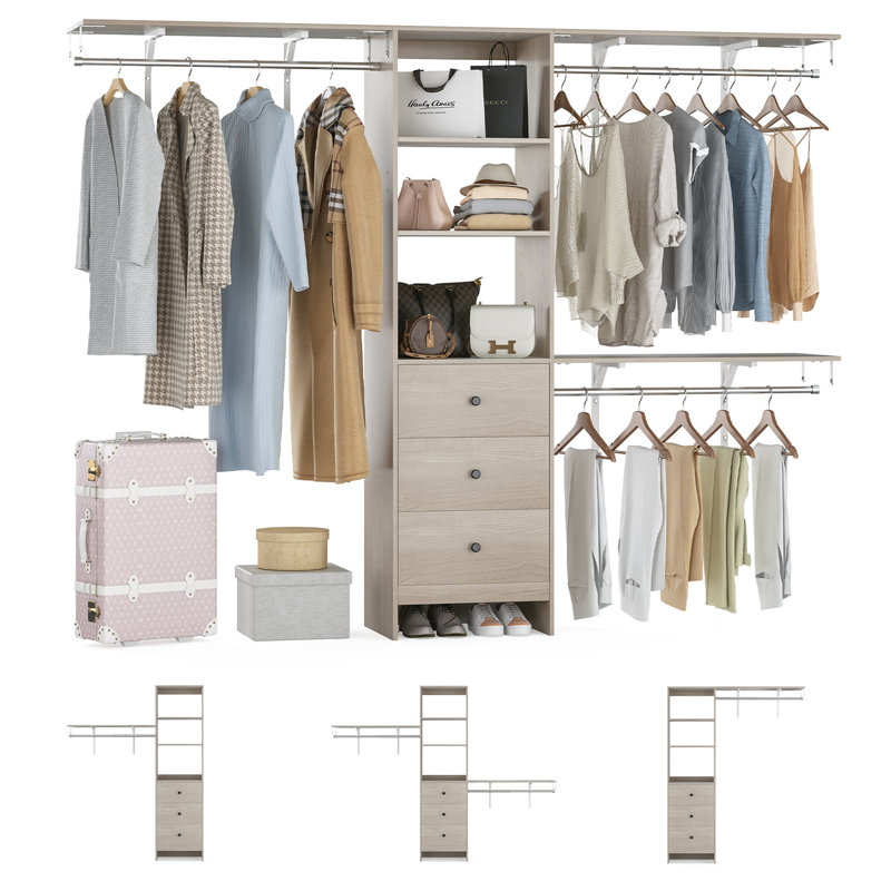 Closet Organizer - High Capacity Wardrobe Rack With 3 Drawers, Shelves & Expandable Hanger Rods, Fits 6-9 Ft Spaces, Durable & Stylish - 96" L X 16" W X 75" H, Supports Up To 1000 LBS