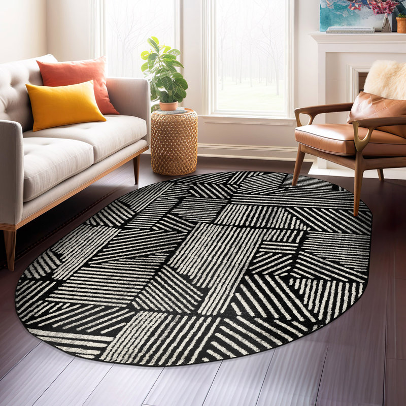 Rambo Geometric Black/Ivory Area Rug, Oval 5' x 7', Black