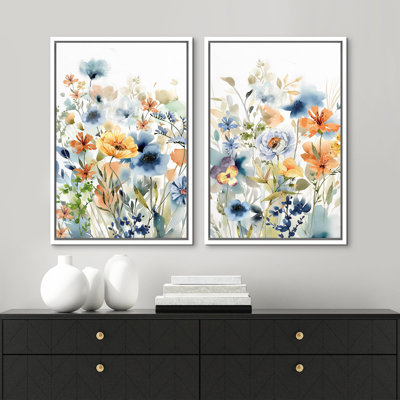 Aquarelle, bouquets de fleurs sauvages, botanique, art moderne, décoration bohémienne, œuvre d'art colorée encadrée sur toile, ensemble de 2 pièces