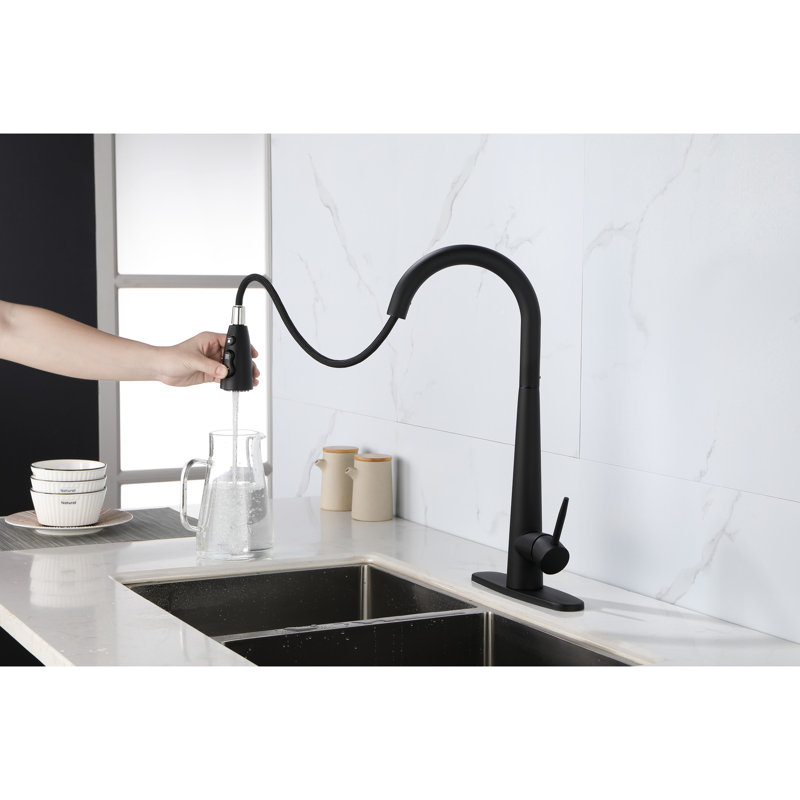 Matte Black Kitchen Faucet With Pull Out , Stainless Steel, Single Handle, Modern Design, Easy Installation Process Fingerprint Faucet, Down Hole Deck Mount, Simple To Install And Operate