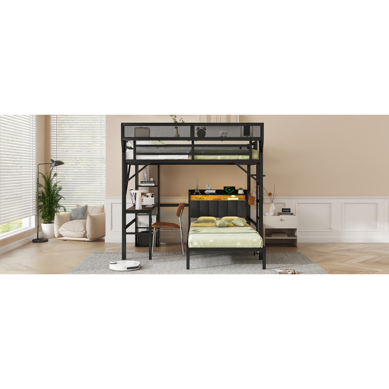 Lit superposé en métal polyvalent et peu encombrant avec bureau et tablettes, noir moderne