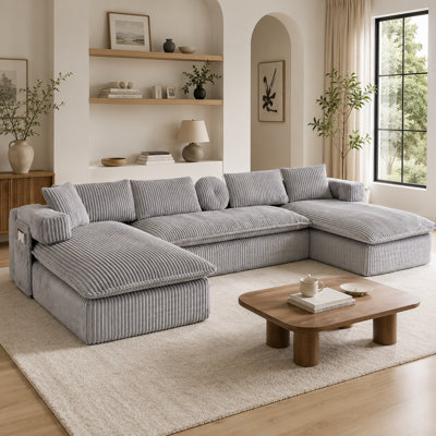 Canapé modulaire surdimensionné en forme de U de 149 po de 149 po, canapé en velours côtelé à 6 places avec accoudoirs amovibles, poche latérale et 4 coussins de dossier