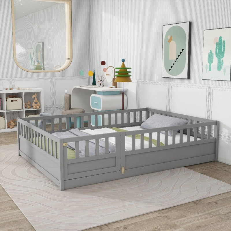 Full Size Floor Bed with Super High Security Barrier &amp; Door, Grey, No Box Spring Needed, Strong Support, Full, Gray