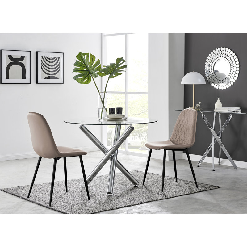 Seline Modern Round Dining Table Set in Glass and Chrome with 2 Luxury Faux Leather Dining Chairs, Cappuccino/Black