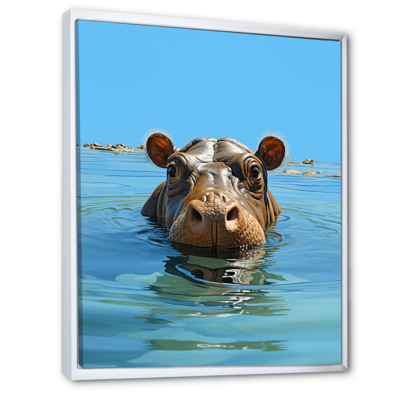 Gris, joyeux hippopotame - Hippopotame, art mural, Cadre flottant blanc, H 44 po x l 34 po