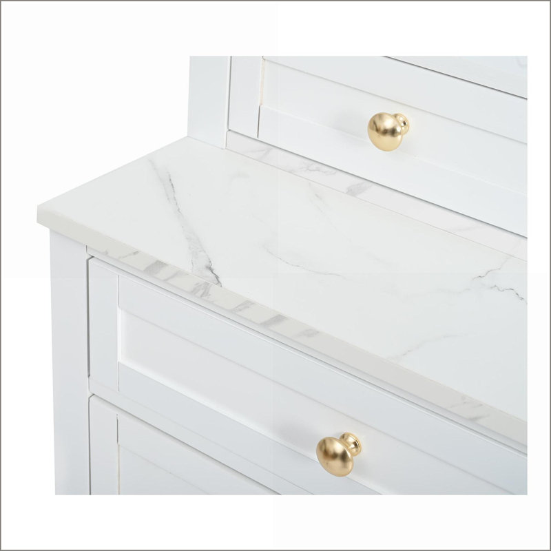 Modern 83.7” White Kitchen Pantry with Faux Marble Top, 5 Drawers | P2 MDF | Adjustable Shelves