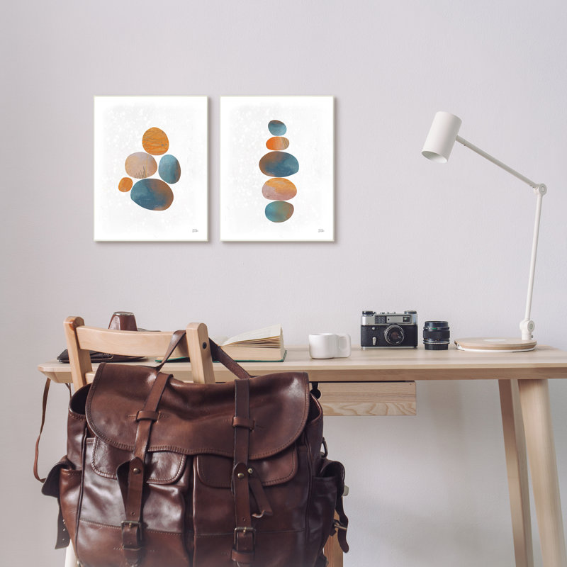 Abstract Patterned Stones Organic Round Blue Orange  2pc Gray Farmhouse Rustic Oversized Framed Giclee Texturized Art Set by Melissa Averinos