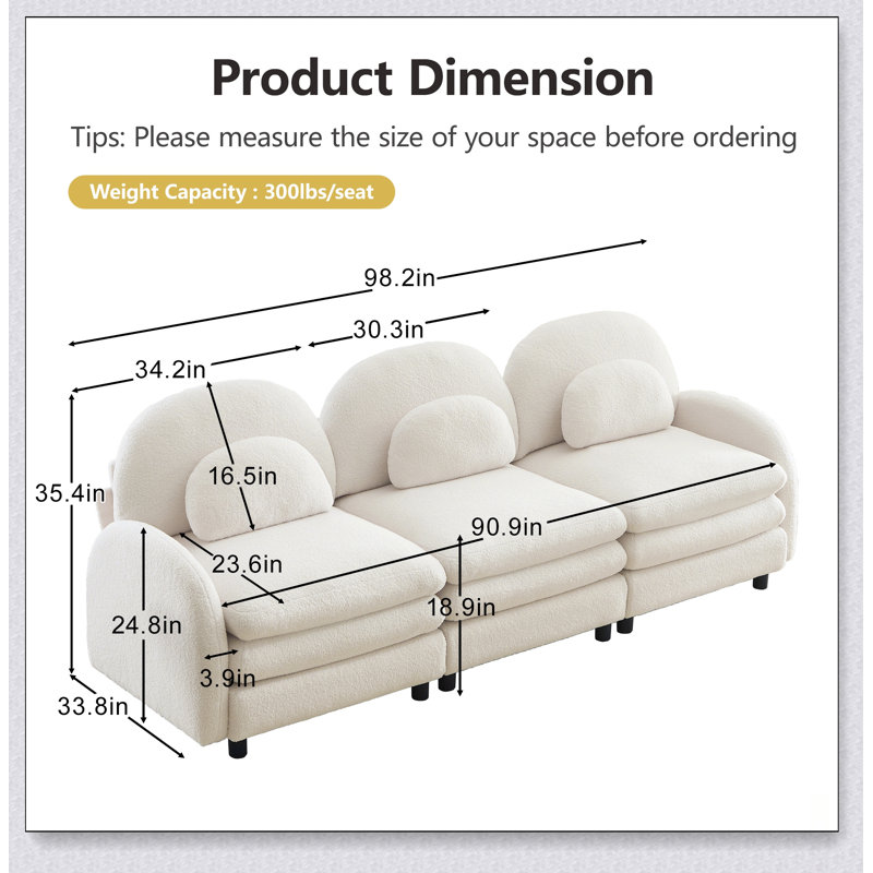 Canapé 3 places Teddy, 98.2" W, White Teddy