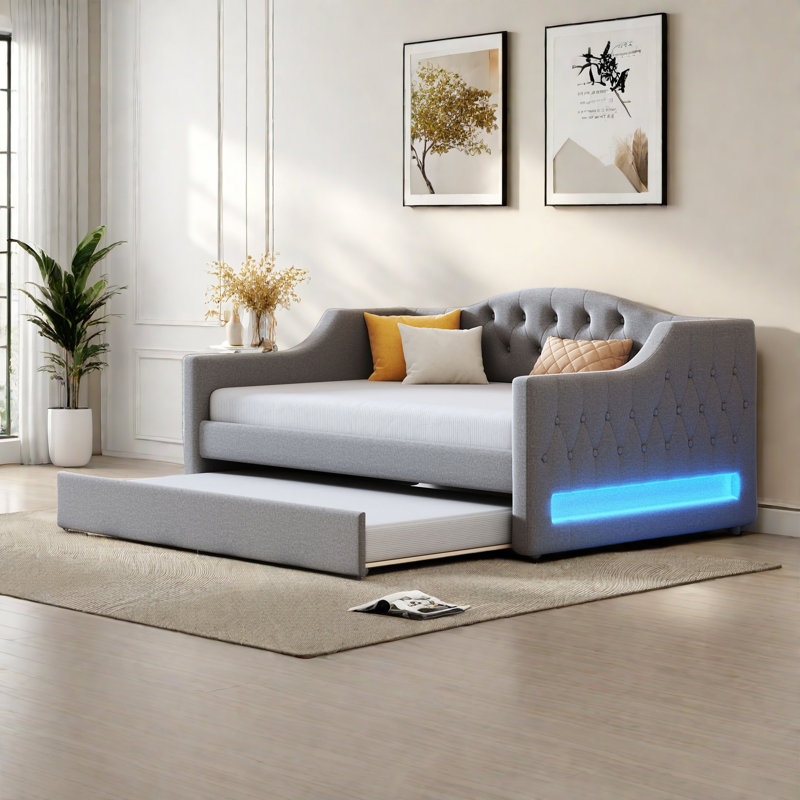 Modern Upholstered Daybed With Led Belt, Trundle And Button Tufted Design, Gray