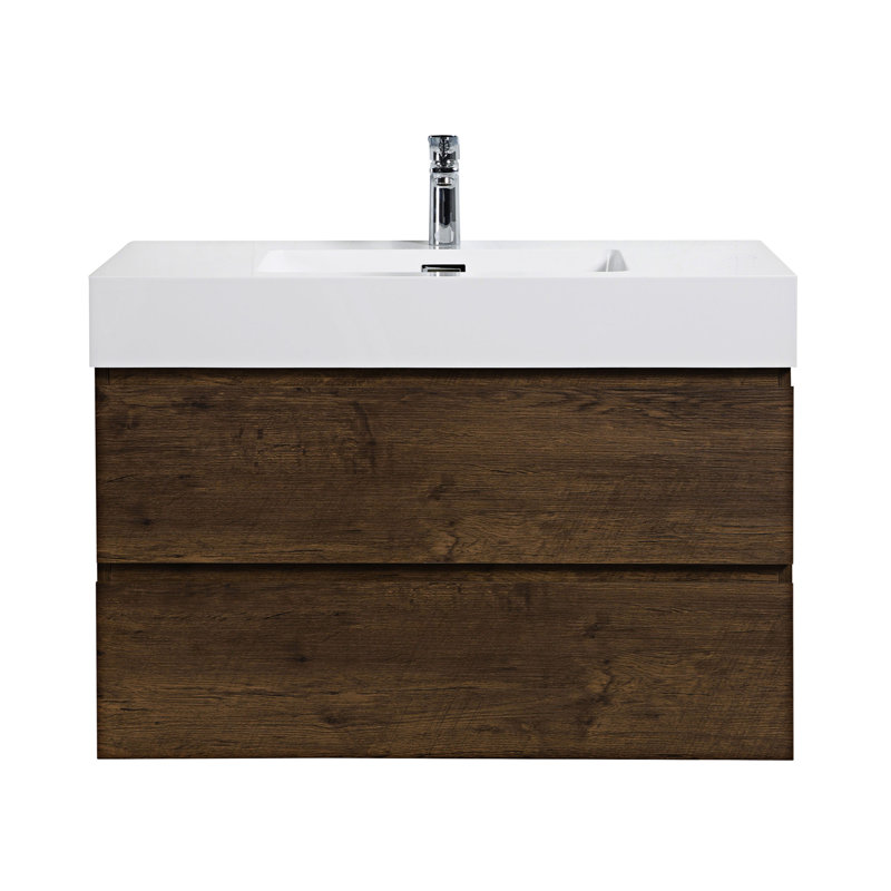 Rosehill Wall Mounted Single Bathroom Vanity with Engineered Stone Top, White, Walnut