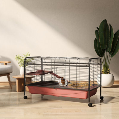 48" L Small Pet Refuge - Rabbit & Ferret Play House With Feeder, Wheels, Platform, Ramp Animal Hideaway Red/black