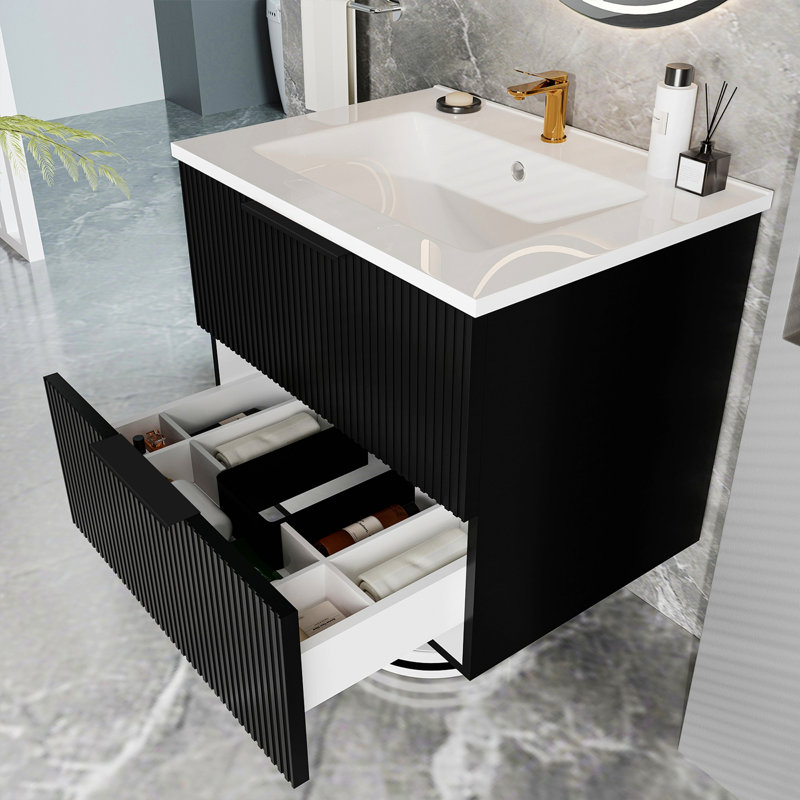 Meuble-lavabo de salle de bain avec lavabo en céramique, meuble-lavabo mural avec tiroirs, 20.02" H x 24.02" W x 18.02" D