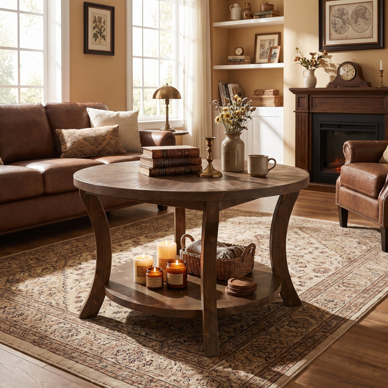 31.5” Round Solid Wood Coffee Table with Lower Storage Shelf, Rustic Natural Finish Living Room Center Table, Dark Brown