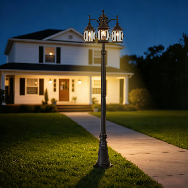 3-Head Outdoor Lamp Post(Full) with dusk to dawn and outlet