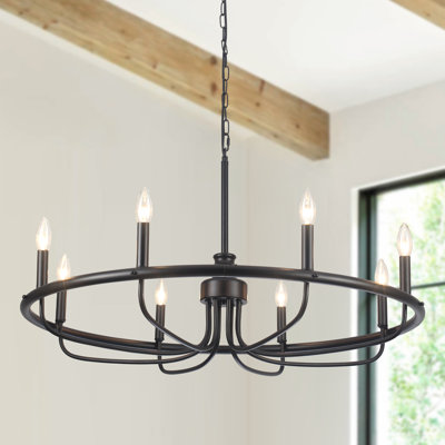  Annasha 8 - Light Black Dimmable Candle Style Round Wagon Wheel Chandelier, Industrial Dining Room Chandelier Modern Kitchen Lighting-33.86"W x 78.74"H