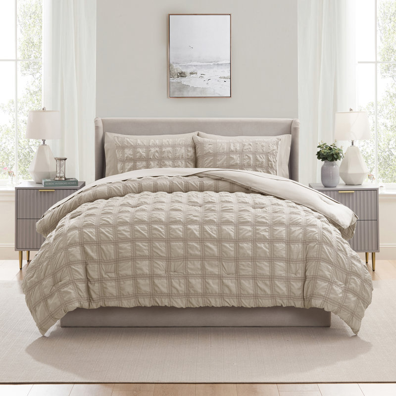 Bed in a Bag Seersucker Diamond Stitch 7 Piece Comforter Set, Oatmeal, Queen