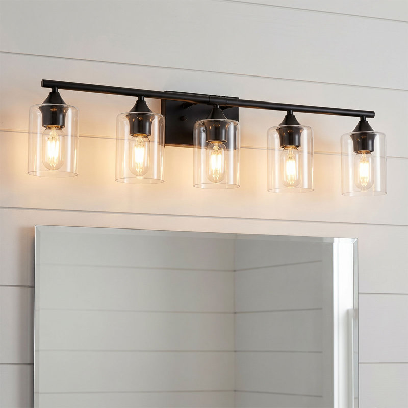 Applique murale 5 lumières pour salle de bain, noir mat avec abat-jour en verre transparent pour miroir de salle de bain et salle d'eau