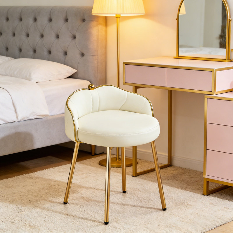 Vanity Chair with Low Back Accent Stool Makeup Chair for Bedroom Bathroom and Living Room, Beige