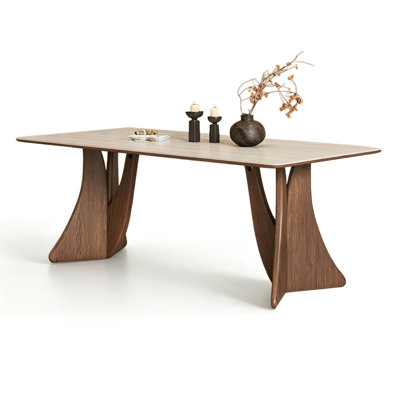 Beige-white+Brown Rectangular Sintered Stone+Solid + Manufactured Wood Dining Table