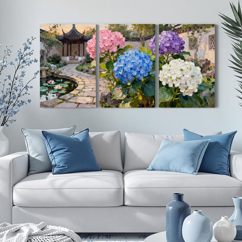 Hydrangea Garden Scene, reproduction d'art sur toile tendue sur toile, ensemble de 3, H 36 po x l 72 po