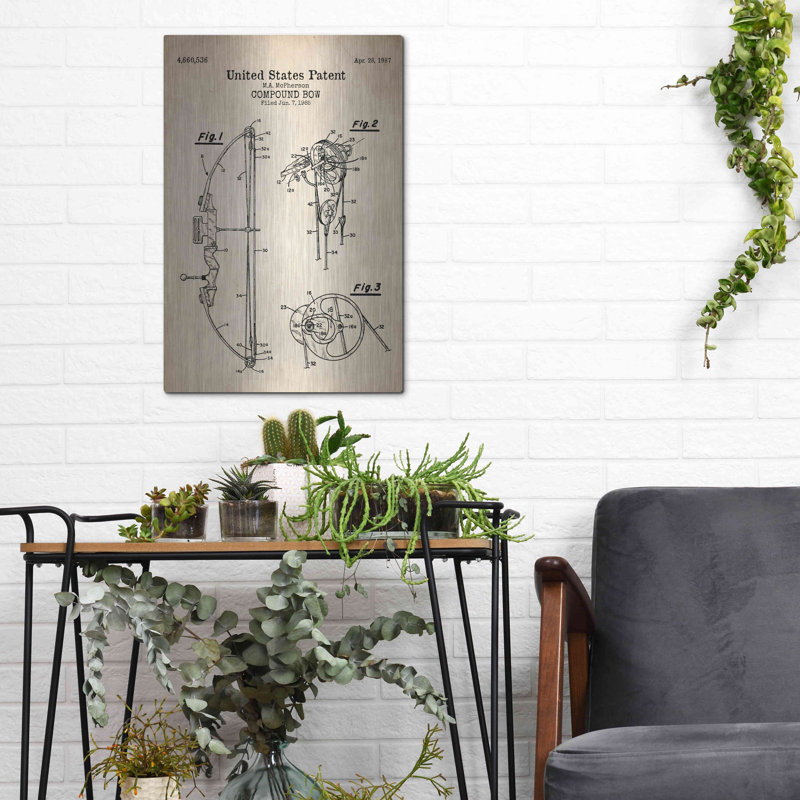 «Wall Compound Bow Blueprint Parchment», art mural en métal, 24 po x 36 po, H 16 po x l 12 po