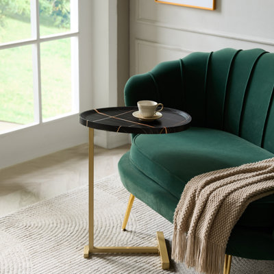 C-Shaped Sofa Side Table with Round Wood Top & Gold Metal Frame, Space-Saving Accent Table for Snack, Coffee, Laptop, Living Room, Bedroom or Bedside