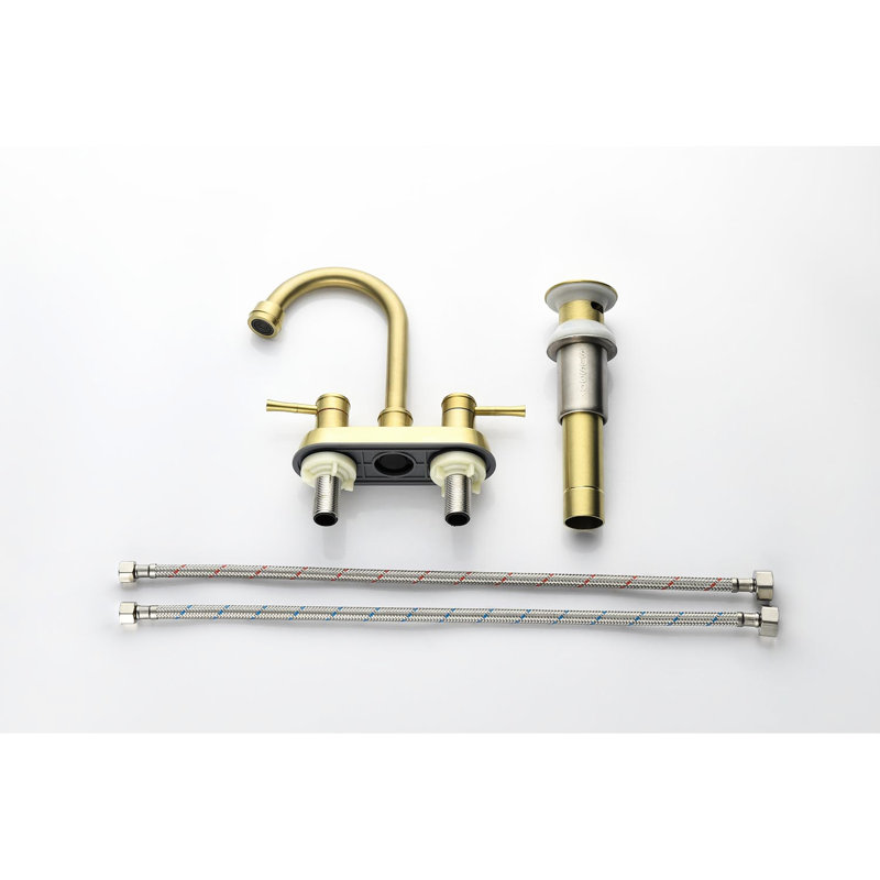 Robinet de salle de bain à 2 poignées - Acier inoxydable doré brossé, bec pivotant à 360 ° avec bonde escamotable en cuivre et aérateur multifonctionnel, conduites d'alimentation en eau, option pratique