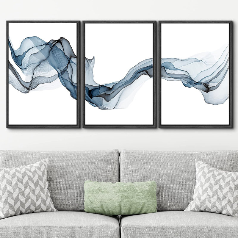 «Smoke Effect Flowing Blue Smoke», ensemble de 3 reproductions encadrées sur toile, H 24 po x l 48 po, Noir