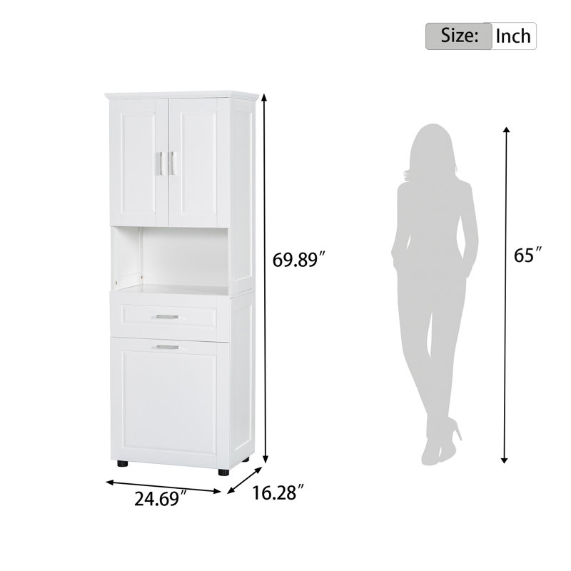 Grande tour à linge de salle de bain avec armoire, tiroir et Hampe Out à finition blanche, Blanc