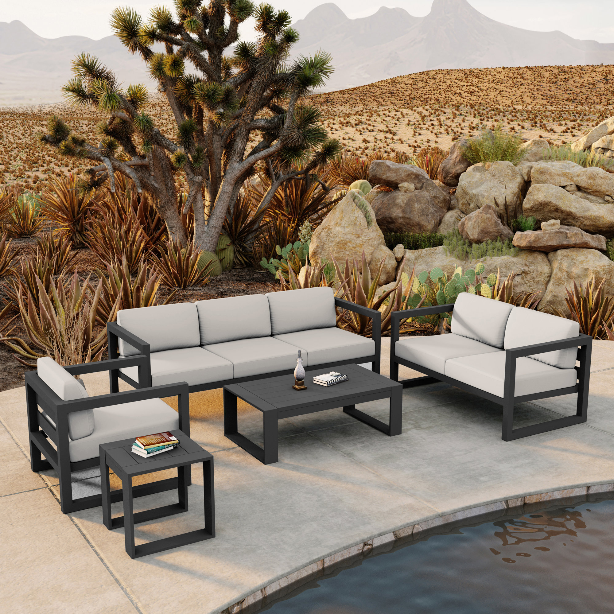 Smith 5 Piece Sofa Seating Group with Sunbrella Cushions, Canvas Natural Sunbrella® Canvas, Slate