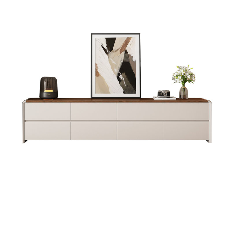 Meuble télé moderne en bois de buis avec huit tiroirs, H 17,71 po x l 70,86 po x P 15,75 po, Brun/crème