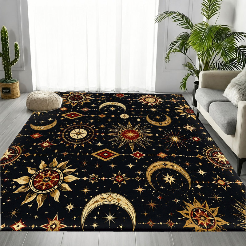 Tapis Bohemian Celestial Sun Moon Star, Rectangle 9 pi 10 po x 6 pi 7 po (300 x 200 cm)