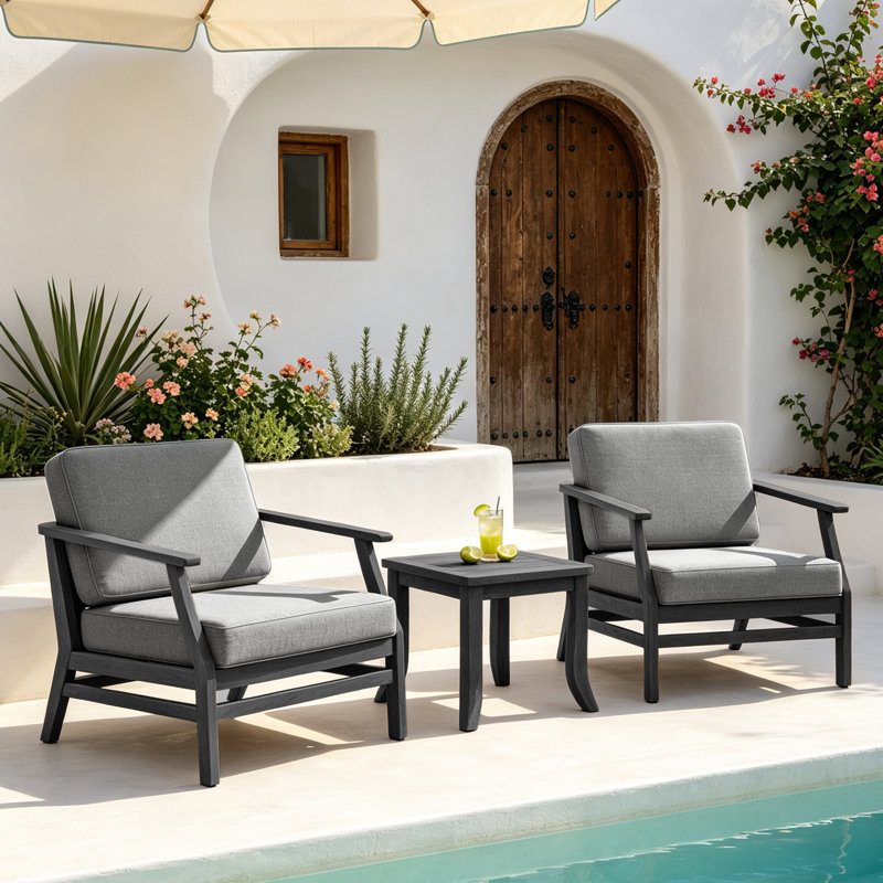 Polett Teak Outdoor Two-person Patio Set With Cushions And Side Table, Gray, Black, 3 Pcs: 2 Chairs, Table