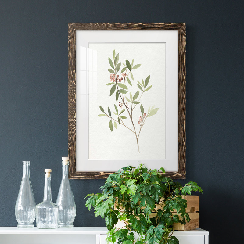" Single Sprig IV " Painting Print, 20" H x 17" W x 1" D, Walnut Framed