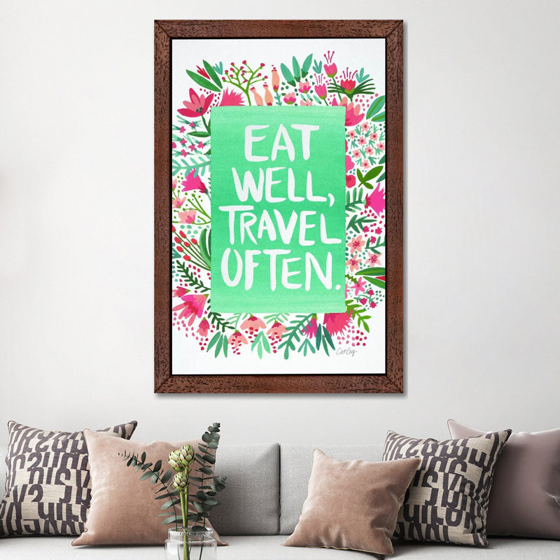 Eat Travel White by Cat Coquillette - Floater Frame Painting on Canvas, 101.6 cm H x 66.04 cm W, Brown