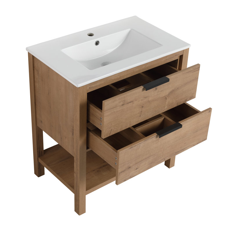 Ensemble de meuble-lavabo simple 30 po Rasharn, Blanc, Imitation chêne / noir