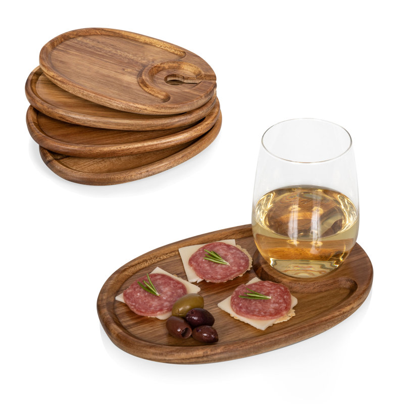 Acacia Wood Wine Appetizer Plates with Glass Holder, Set of 4