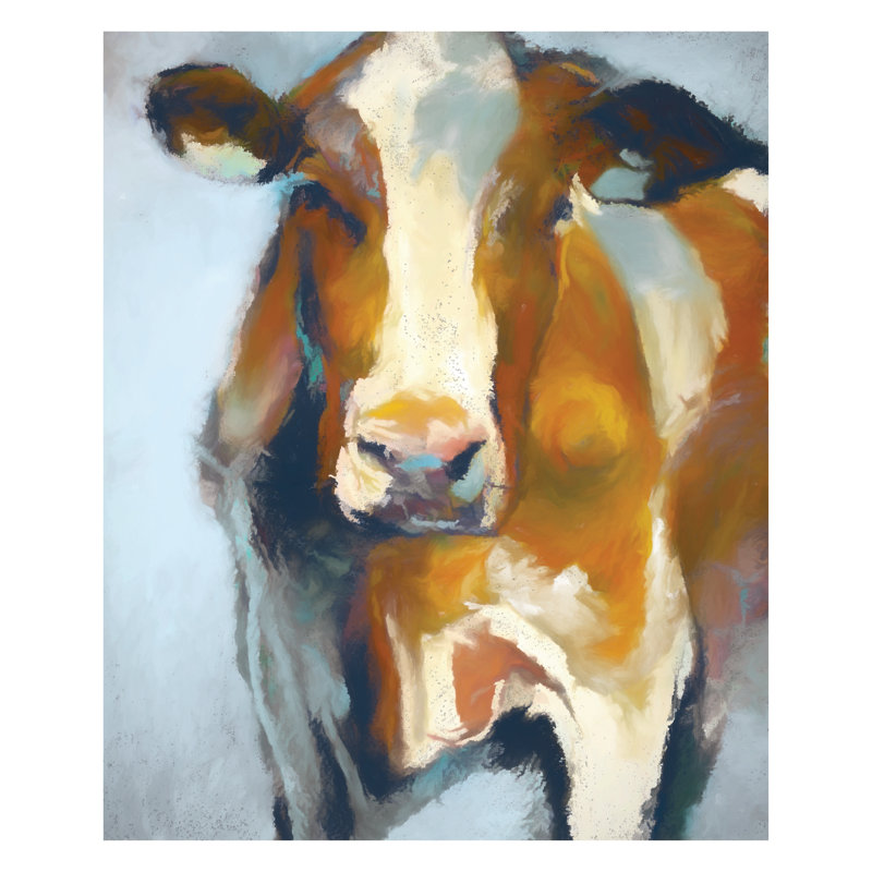 Vache brune et blanche - peinture sur toile tendue, H 12 po x l 8 po