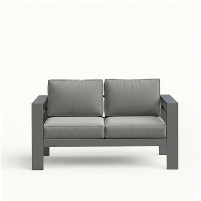 Causeuse de terrasse 52 po toutes saisons en métal avec coussins gris épais et structure grise