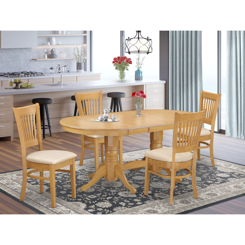 Ensemble de table à manger 5 pièces pour 4 personnes comprenant une table de salle à manger ovale avec rallonge papillon et 4 chaises de salle à manger en tissu de lin, chêne