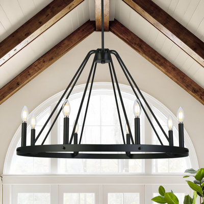 Lustre à 81 cm (32 po) noir à intensité variable, en forme de roue de chariot, avec 4 tiges ajustables pour intérieur sec