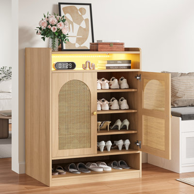 Rangement à chaussures avec lumière DEL, rangement à 24 paires pour vestibule avec tablettes réglables, range-chaussures en rotin à 6 niveaux pour couloir, salon, chêne naturel