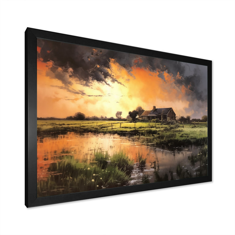 " Glorious Sunset Over Waterway In Fields Vintage ", Black Single Picture Framed, 30" H x 40" W x 1.5" D