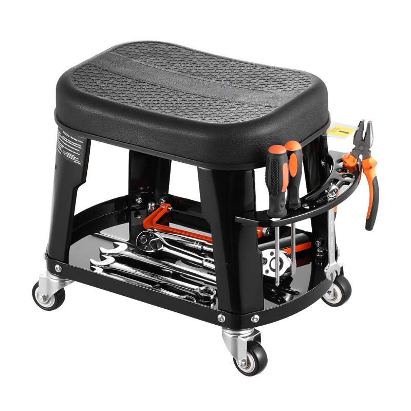 Tabouret de mécanicien roulant robuste avec plateau à outils et coussin amovible - siège de magasin d'une capacité de 300 lb