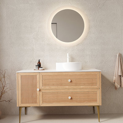 Meuble-lavabo de salle de bain avec lavabo, armoire de rangement autoportante, plusieurs tiroirs et porte, pré-assemblé pour une installation facile