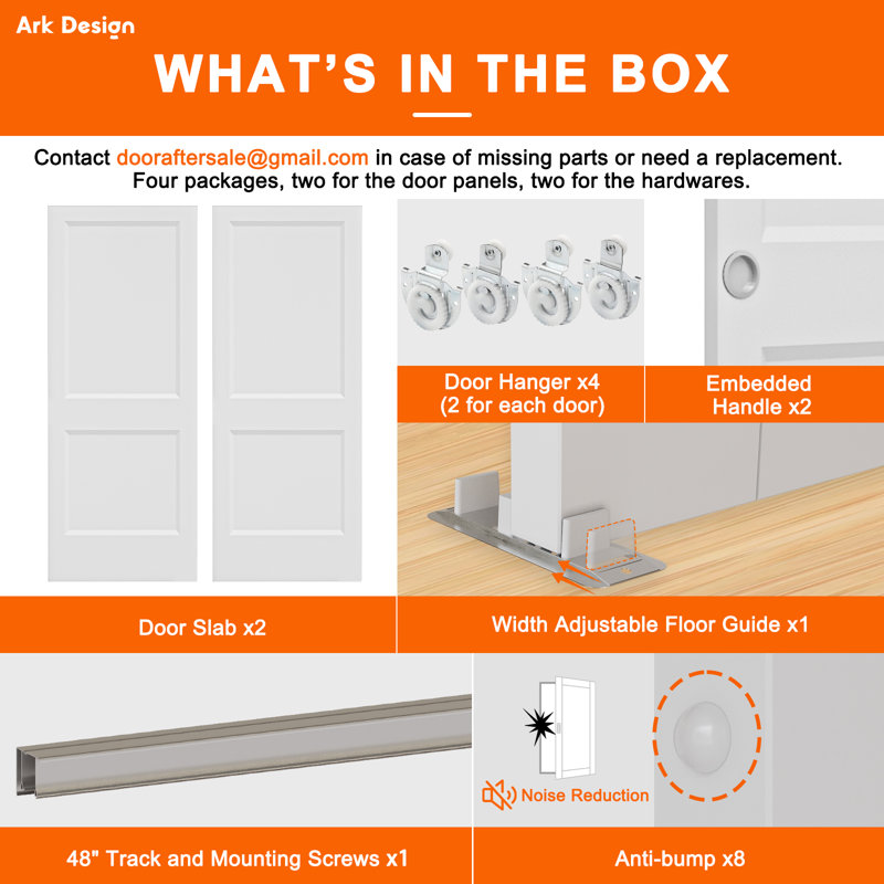 48" x 80" Height 2 Panel Classic Style Interior Sliding Door Solid Core Hardware kit Handles Including, 48" x 80"