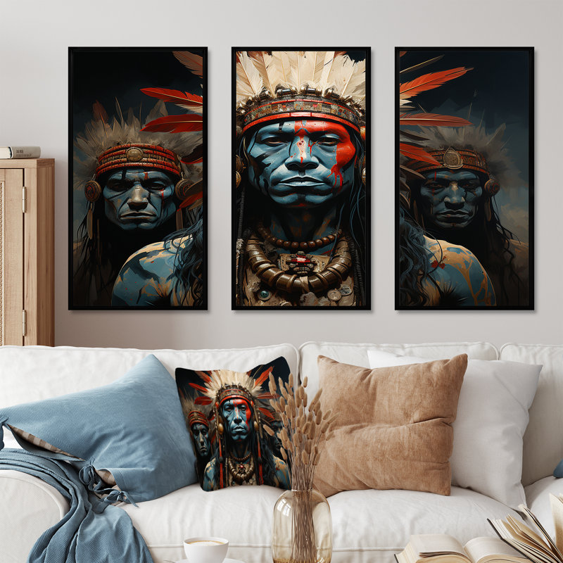 Ensemble de salon Native Honor Traditional Warrior - Native American Wall Art, Cadre flottant noir