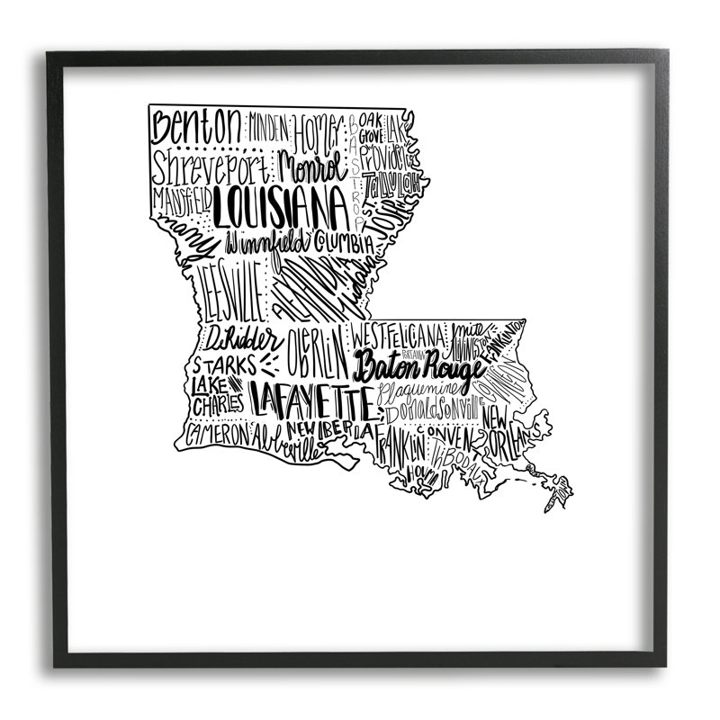 Louisiana State Typographie cmw-050, art mural personnalisé, H 17 po x l 17 po, Giclée encadrée noir minuit, Oui